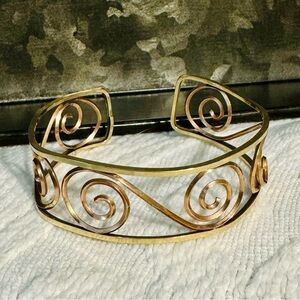 Vintage Probst 12k GF Gold Filled Scroll Work Open Cuff Bracelet Signed Two Tone